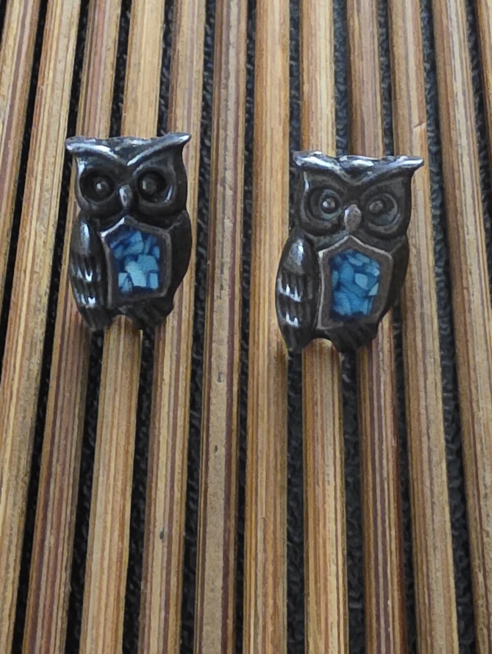 925 Silver Inlaid Turquoise Owl Stud Earrings (Vintage)